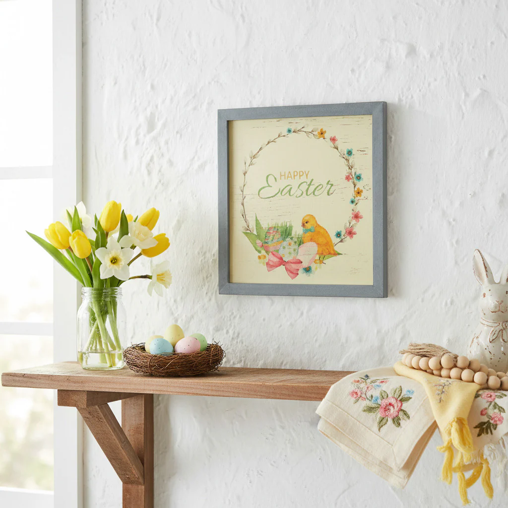 Bunny Hop Happy Easter Chick & Wreath Wall Sign - Image 2