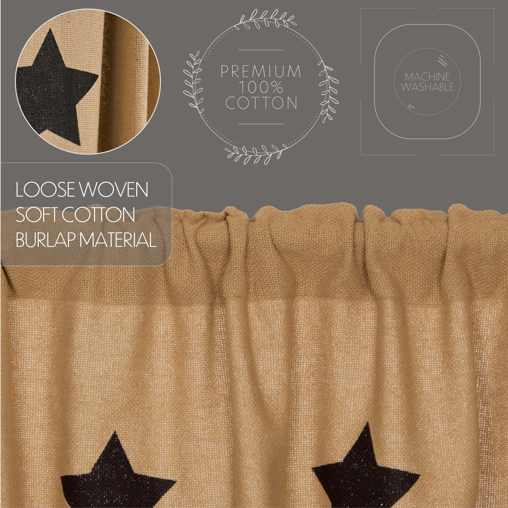 Baxter Burlap with Black Stars Long Prairie Curtains - Image 4