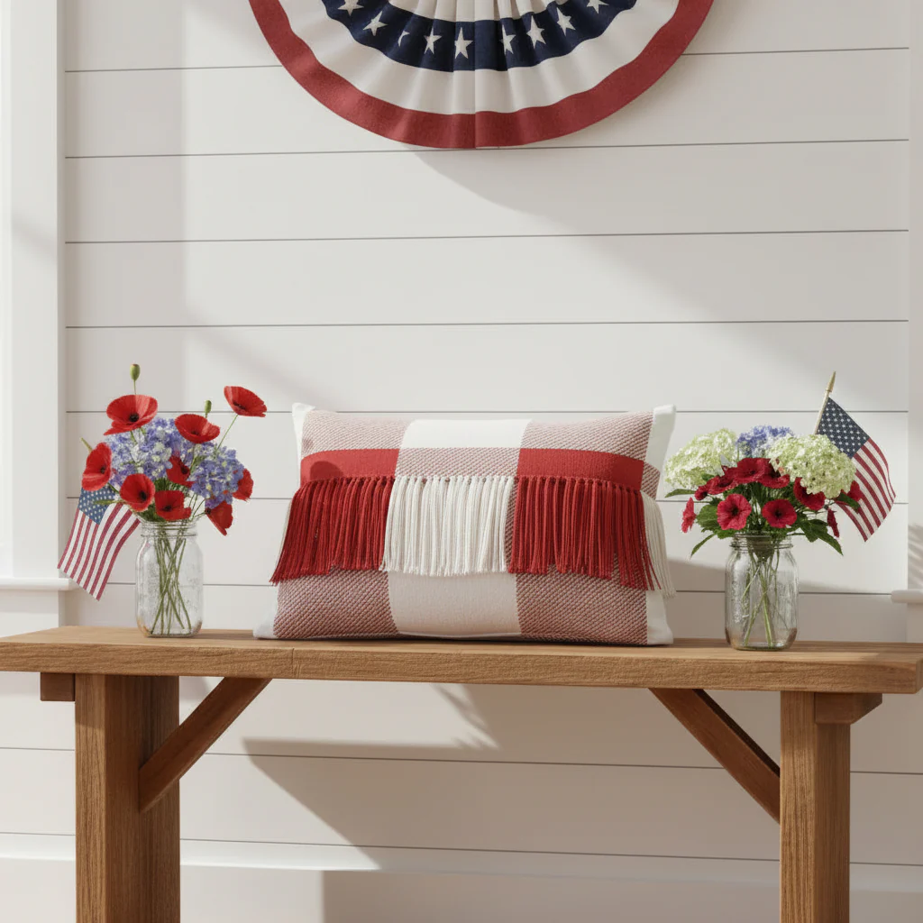 Cherry Ann Check Fringed Pillow