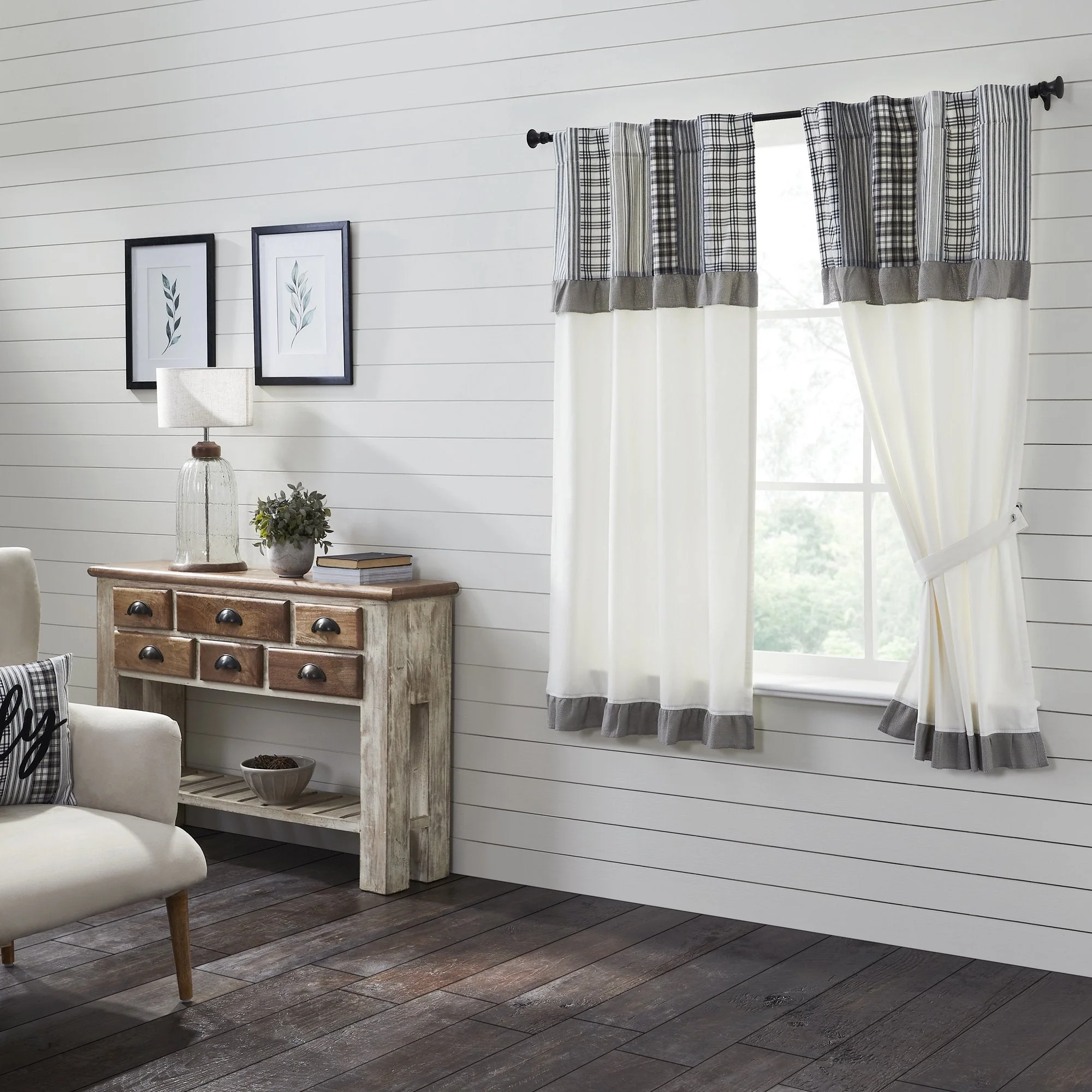 Farmstead Black Patchwork Short Panel Curtains - Image 2