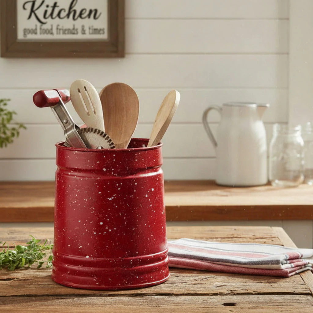 Speckled Enamelware Utensil Crock - Red