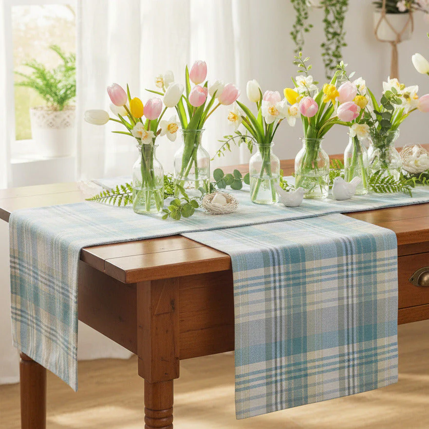 Water Blue Plaid Table Runners