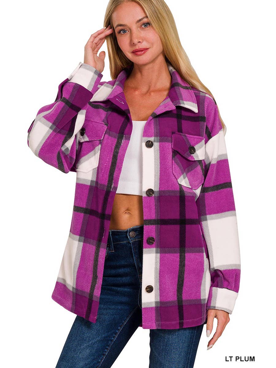Oversized Plaid Fleece Shacket - Plum