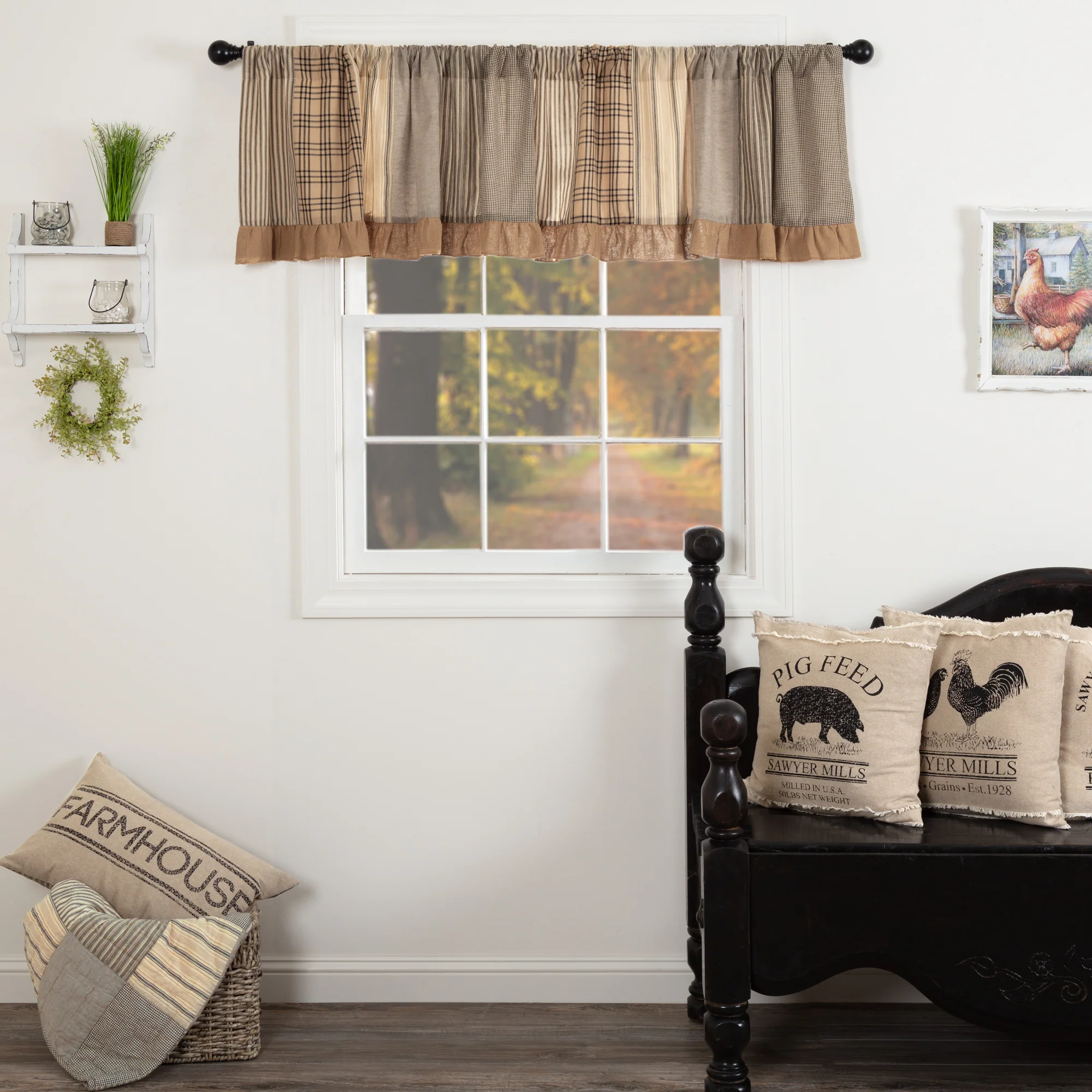 Farmstead Charcoal Patchwork Farmhouse Valance