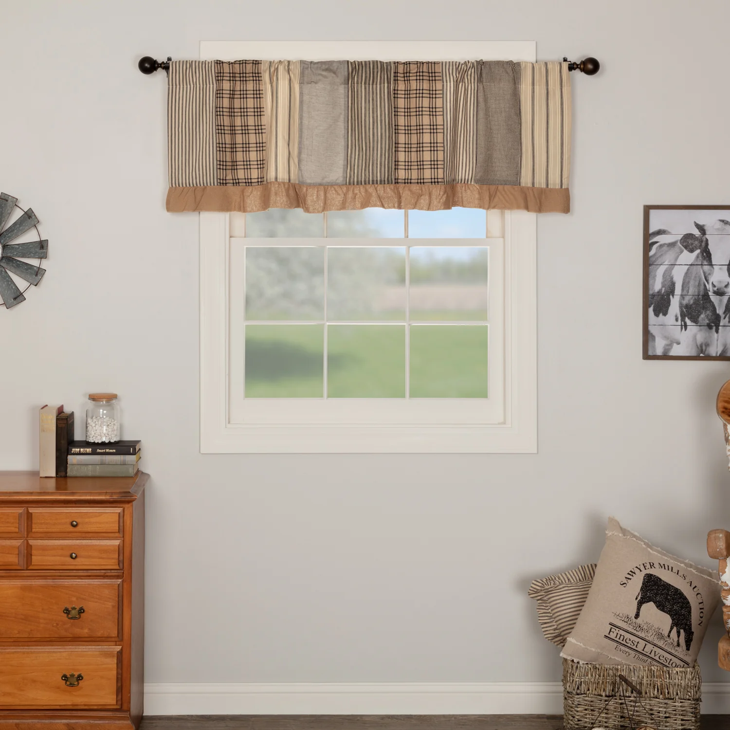 Farmstead Charcoal Patchwork Farmhouse Valance - Image 3