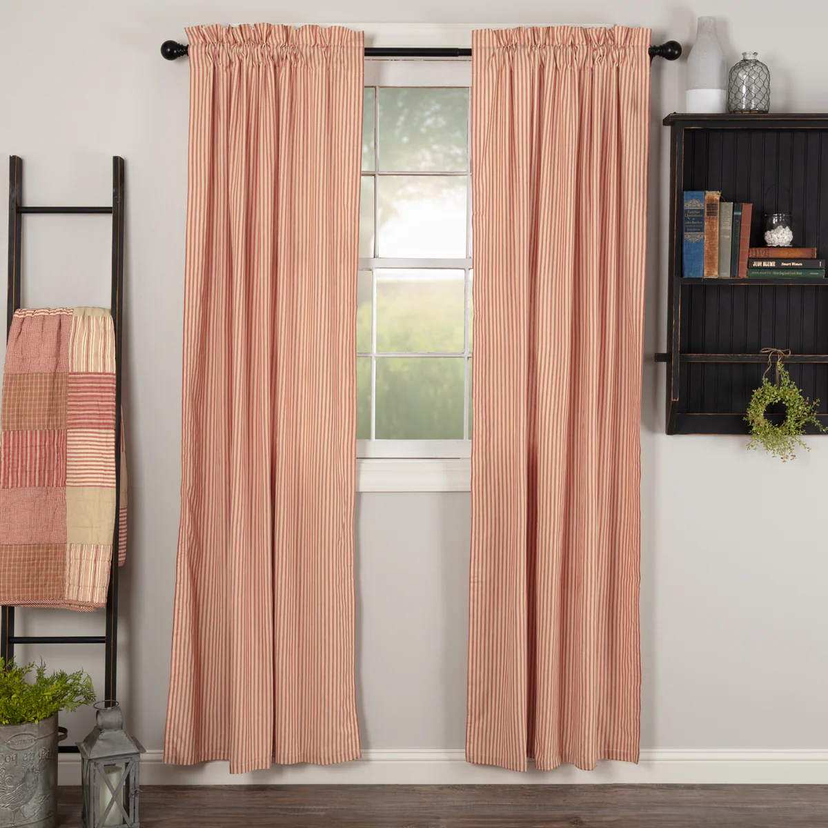 Farmstead Red Ticking Stripe Cotton Panel Curtains