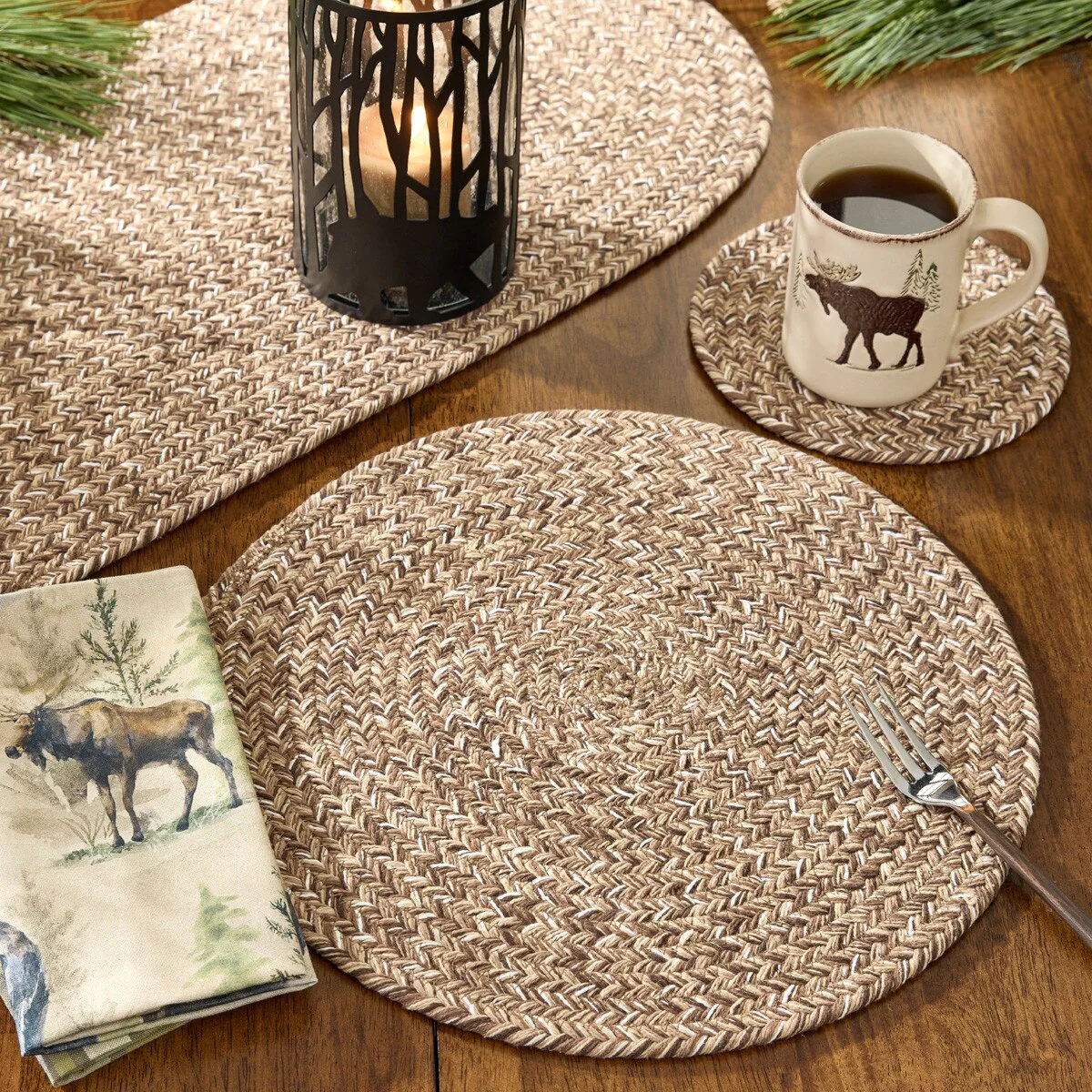 Cocoa & White Round Braided Placemats Set of 4