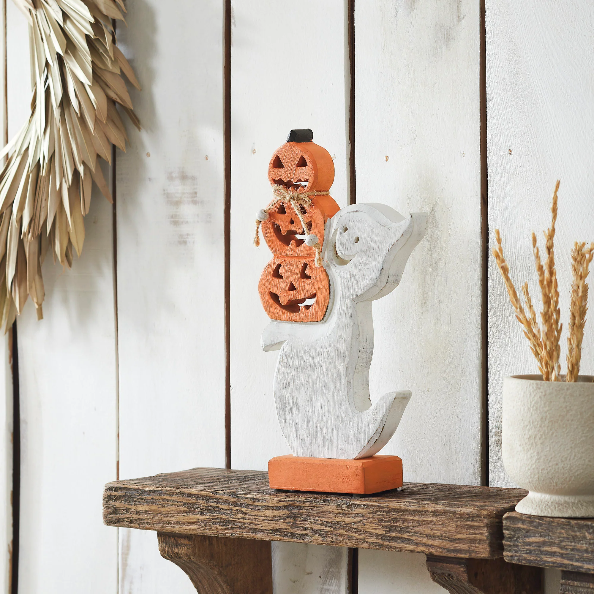 Stacked Jack-O-Lantern Wooden Ghost