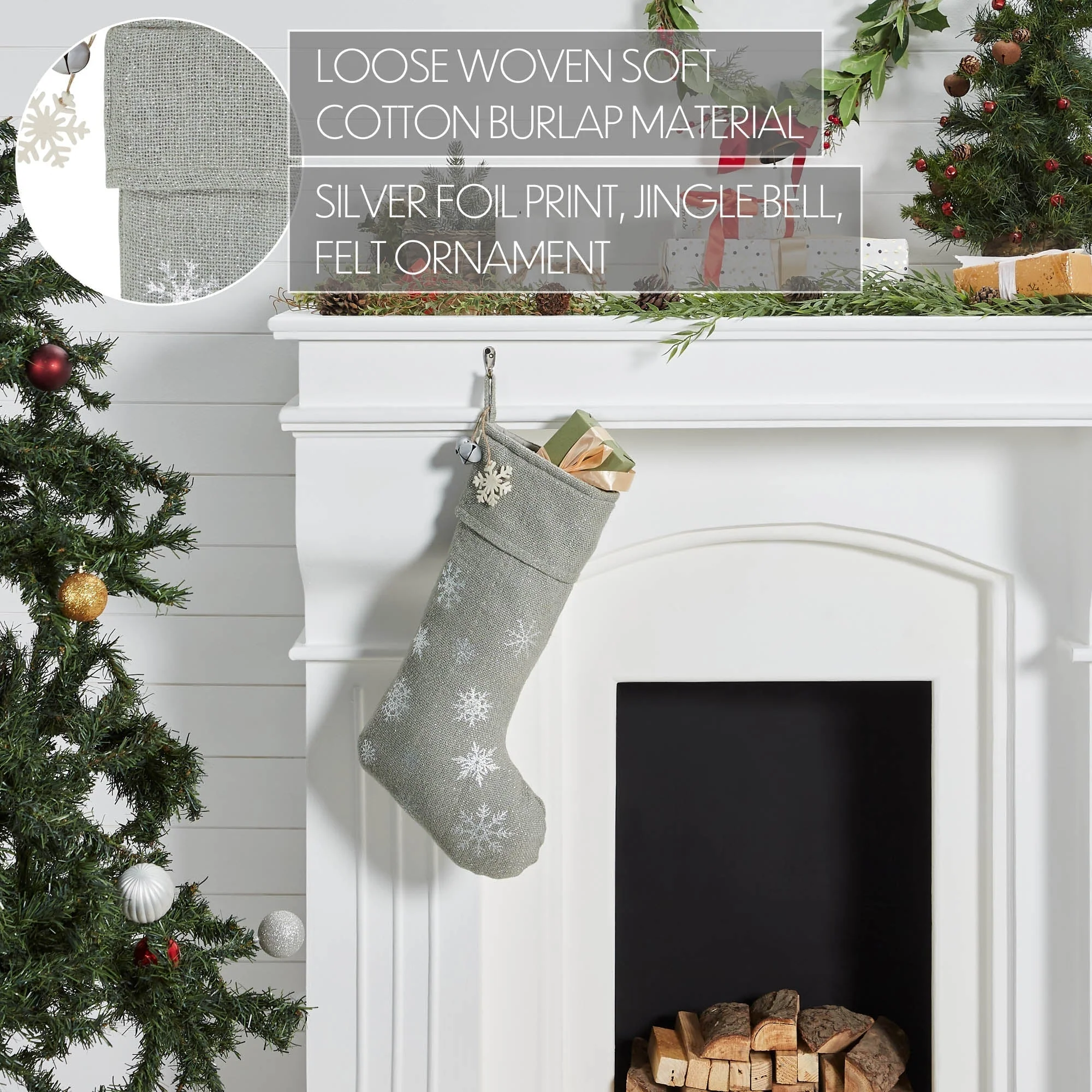 Yuletide Burlap Dove Grey Snowflake Stocking - Image 5